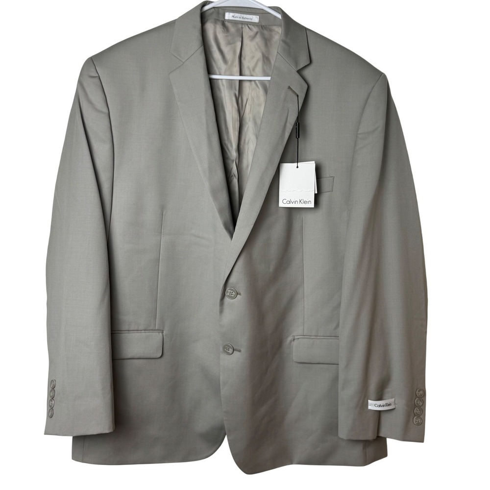 Calvin Klein Suit Jacket Mens 46S Tan Solid Slim Fit 100% Wool Two Button‎ NEW
